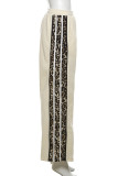 Grey Casual Print Pocket Patchwork Contrast Loose Mid Waist Straight Patchwork Bottoms