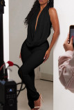 Black Casual Solid Color Patchwork Ruched Deep V Neck Sleeveless Two Pieces