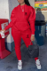 Red Casual Street Letter Print Draw String Pocket Hooded Long Sleeve Two Pieces