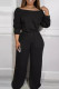 Black Casual Solid Color Pocket Patchwork Backless Off Shoulder Loose Jumpsuits