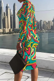 Black Casual Print Patchwork O Neck Wrapped Skirt Dresses