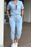 Pink Casual Solid Color Pocket Buckle Patchwork Turndown Collar Regular Jumpsuits