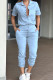 Light Blue Casual Solid Color Pocket Buckle Patchwork Turndown Collar Regular Jumpsuits