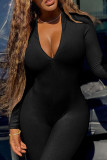 Black Casual Solid Color Patchwork Zipper Zipper Collar Skinny Jumpsuits