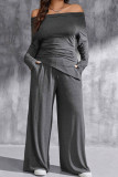 Dark Gray Casual Solid Color Pocket Patchwork Backless Off Shoulder Long Sleeve Two Pieces
