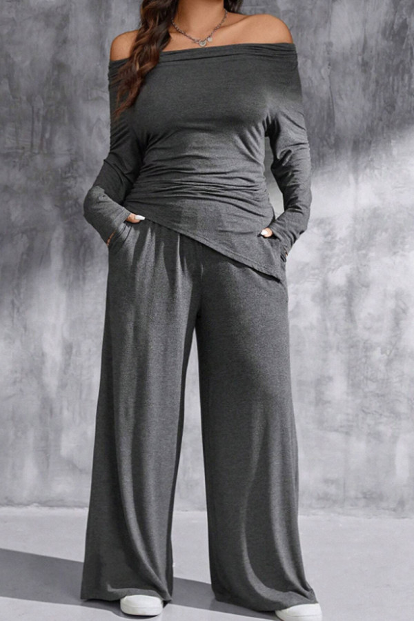 Dark Gray Casual Solid Color Pocket Patchwork Backless Off Shoulder Long Sleeve Two Pieces