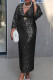 Black Elegant Solid Color Patchwork With Belt Deep V Neck Long Dresses