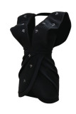 Black Sexy Party Nightclub Solid Color Backless Hot Drill Deep V Neck Wrapped Skirt Dresses