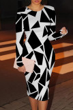 Black Casual Print Patchwork O Neck Wrapped Skirt Dresses