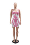 Pink Sexy Patchwork Hot Drilling Backless Contrast Spaghetti Strap Wrapped Skirt Dresses