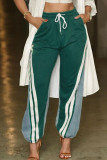 Green Casual Draw String Pocket Patchwork Contrast Regular High Waist Conventional Patchwork Bottoms