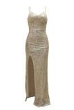 Apricot Sexy Solid Color Sequins Backless Slit Ruched Spaghetti Strap Long Dresses