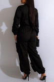 White Casual Solid Color Pocket Patchwork Zipper Zipper Collar Regular Jumpsuits