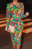 Black Casual Print Patchwork O Neck Wrapped Skirt Dresses