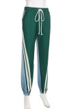 Green Casual Draw String Pocket Patchwork Contrast Regular High Waist Conventional Patchwork Bottoms