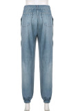 Green Casual Draw String Pocket Patchwork Contrast Regular High Waist Conventional Patchwork Bottoms