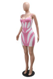 Pink Sexy Patchwork Hot Drilling Backless Contrast Spaghetti Strap Wrapped Skirt Dresses