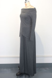 Dark Gray Casual Solid Color Pocket Patchwork Backless Off Shoulder Long Sleeve Two Pieces