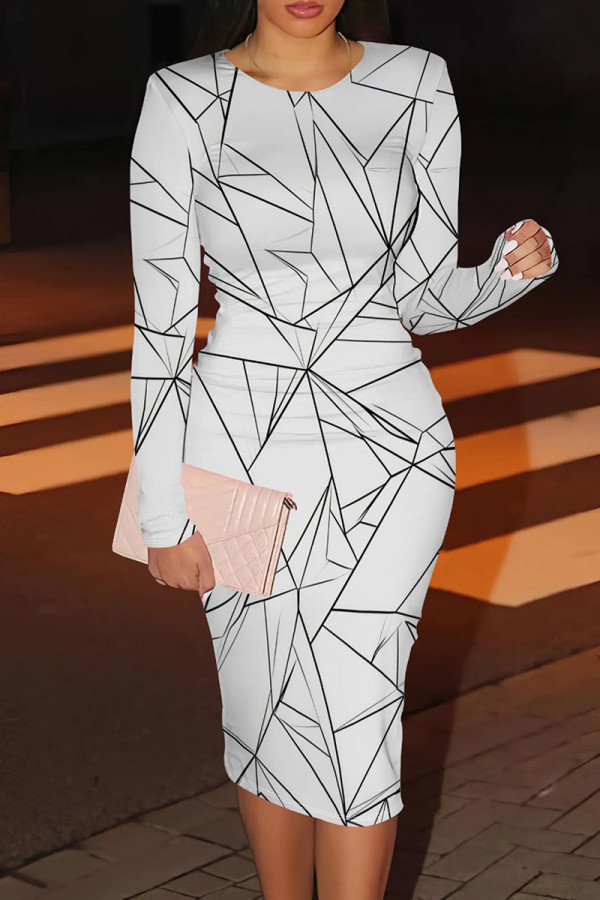 Gray White Casual Print Patchwork O Neck Wrapped Skirt Dresses