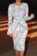 Gray White Casual Print Patchwork O Neck Wrapped Skirt Dresses