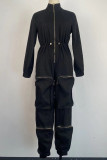 White Casual Solid Color Pocket Patchwork Zipper Zipper Collar Regular Jumpsuits
