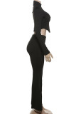 Black Casual Solid Color Patchwork Zipper Zipper Collar Long Sleeve Two Pieces