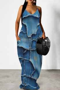 Medium Blue Casual Print Pocket Patchwork Backless Spaghetti Strap Sling Dresses