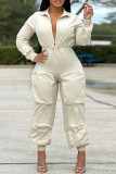 White Casual Solid Color Pocket Patchwork Zipper Zipper Collar Regular Jumpsuits