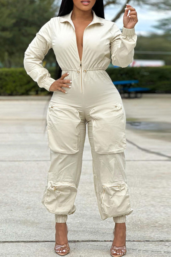 White Casual Solid Color Pocket Patchwork Zipper Zipper Collar Regular Jumpsuits