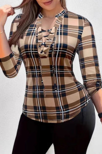 Dark Brown Casual Plaid Hollow Out Patchwork V Neck Plus Size Tops