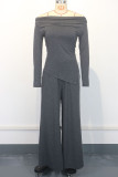 Dark Gray Casual Solid Color Pocket Patchwork Backless Off Shoulder Long Sleeve Two Pieces