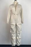 White Casual Solid Color Pocket Patchwork Zipper Zipper Collar Regular Jumpsuits