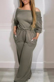 Black Casual Solid Color Pocket Patchwork Backless Off Shoulder Loose Jumpsuits
