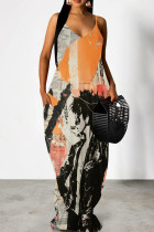 Orange Casual Print Pocket Patchwork Spaghetti Strap Sling Dresses