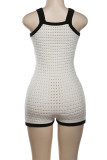 White Sexy Solid Color Patchwork Contrast U Neck Skinny Rompers