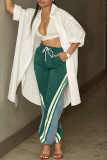 Green Casual Draw String Pocket Patchwork Contrast Regular High Waist Conventional Patchwork Bottoms