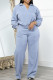 Light Blue Casual Solid Color Draw String Pocket Patchwork V Neck Long Sleeve Two Pieces