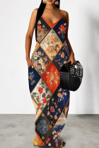 Multicolor Casual Print Pocket Patchwork Spaghetti Strap Sling Dresses