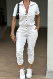 Pink Casual Solid Color Pocket Buckle Patchwork Turndown Collar Regular Jumpsuits