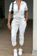 White Casual Solid Color Pocket Buckle Patchwork Turndown Collar Regular Jumpsuits