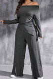Dark Gray Casual Solid Color Pocket Patchwork Backless Off Shoulder Long Sleeve Two Pieces