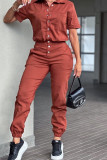 Pink Casual Solid Color Pocket Buckle Patchwork Turndown Collar Regular Jumpsuits
