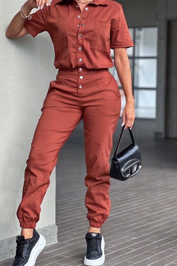 Brick Red Casual Solid Color Pocket Buckle Patchwork Turndown Collar Regular Jumpsuits