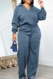 Blue Casual Solid Color Draw String Pocket Patchwork V Neck Long Sleeve Two Pieces