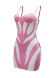Pink Sexy Patchwork Hot Drilling Backless Contrast Spaghetti Strap Wrapped Skirt Dresses