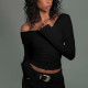 Black Sexy Solid Color Patchwork Ruched Asymmetrical Collar Tops