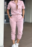Pink Casual Solid Color Pocket Buckle Patchwork Turndown Collar Regular Jumpsuits