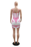 Pink Sexy Patchwork Hot Drilling Backless Contrast Spaghetti Strap Wrapped Skirt Dresses