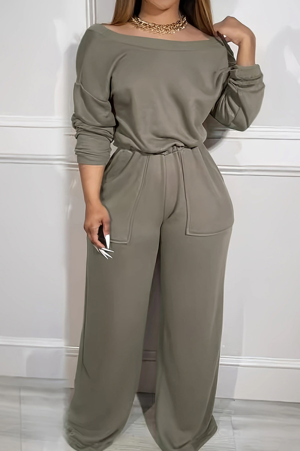 Khaki Casual Solid Color Pocket Patchwork Backless Off Shoulder Loose Jumpsuits