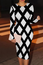 White Black Casual Print Patchwork O Neck Wrapped Skirt Dresses